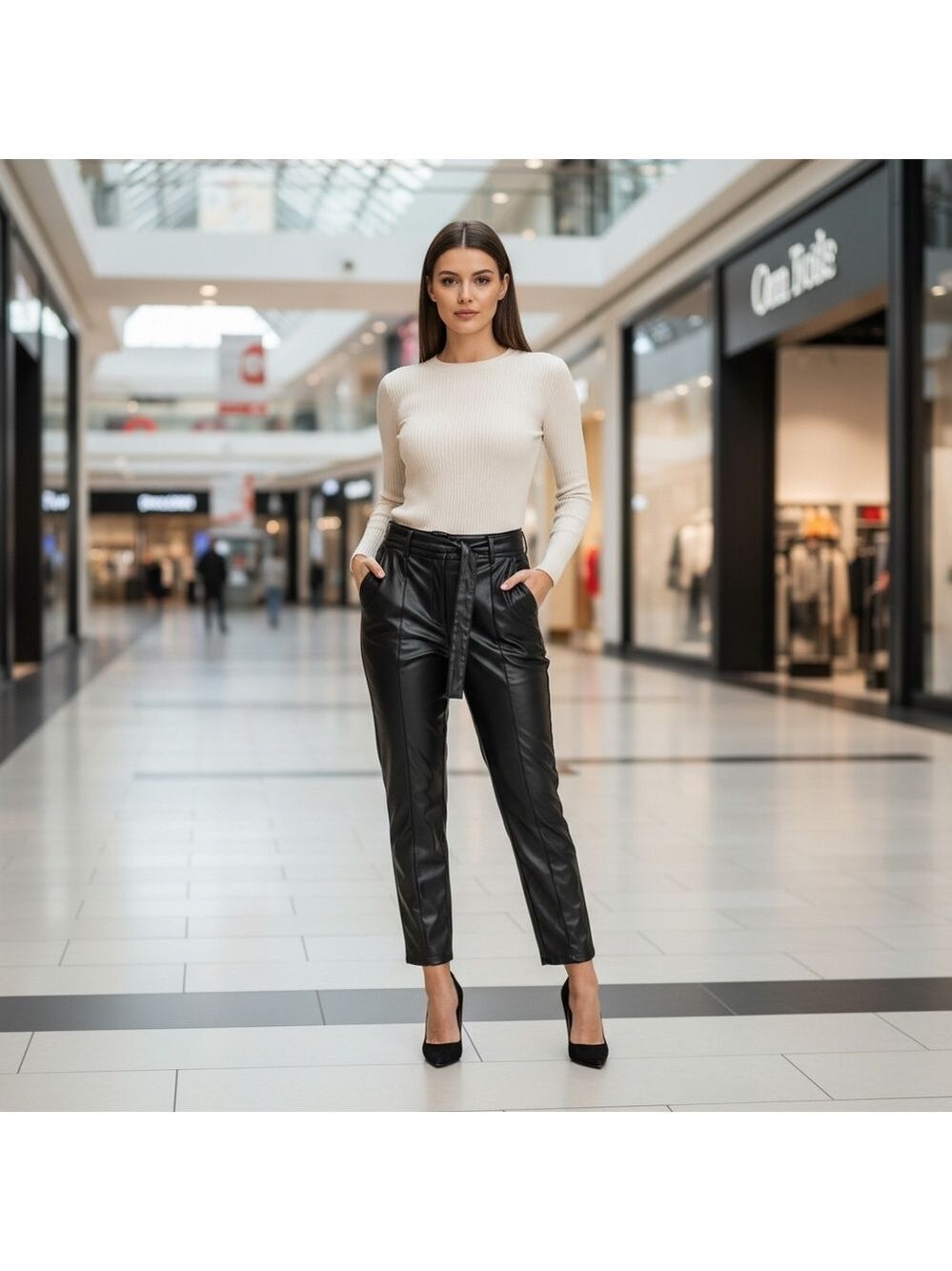 Loft Outlet Black Faux Leather High Rise Straight Pants Belted Size Small